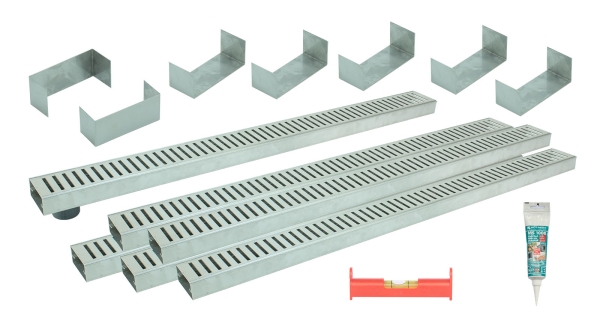 Entwässerungsrinnen Edelstahl superflach Rost Schlitzdesign SET Typ 6, System 35/80